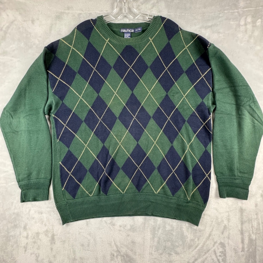 VTG Y2K Nautica Men's Argyle Sweater Green Navy Crew Neck Long Sleeve Cotton XL‎ - Picture 2 of 8